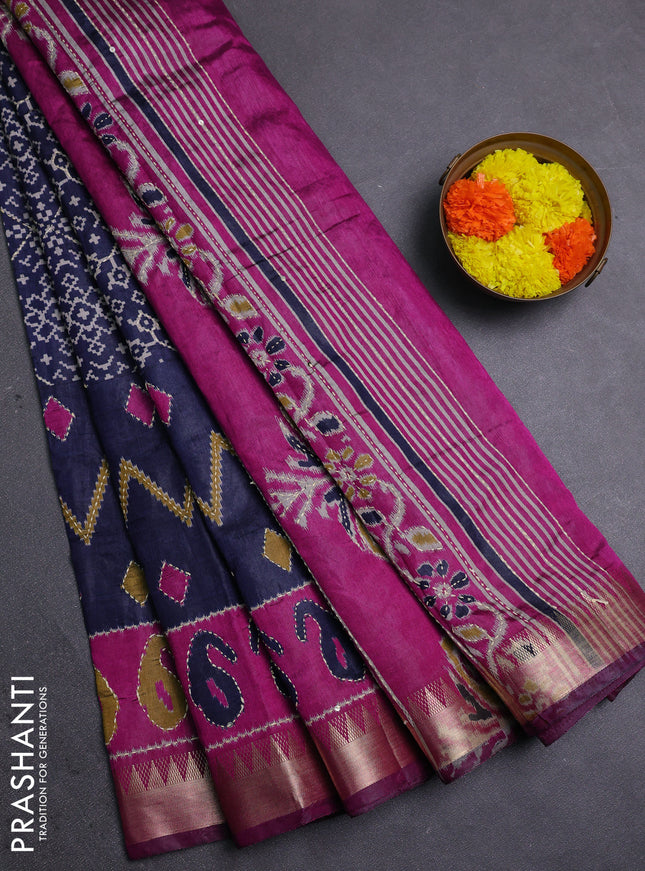 Navy Blue & Magenta Pink Semi Tussar Saree - Kantha Work