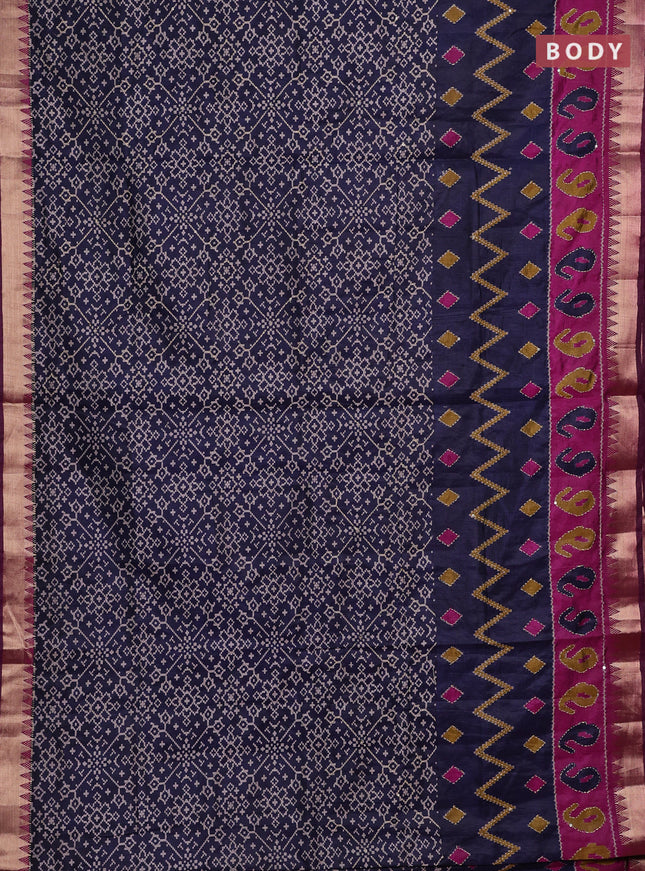 Navy Blue & Magenta Pink Semi Tussar Saree - Kantha Work