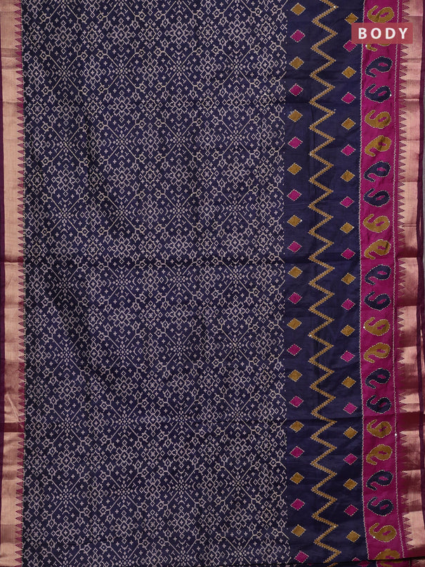 Navy Blue & Magenta Pink Semi Tussar Saree - Kantha Work