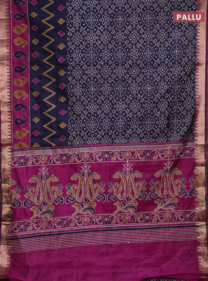 Navy Blue & Magenta Pink Semi Tussar Saree - Kantha Work