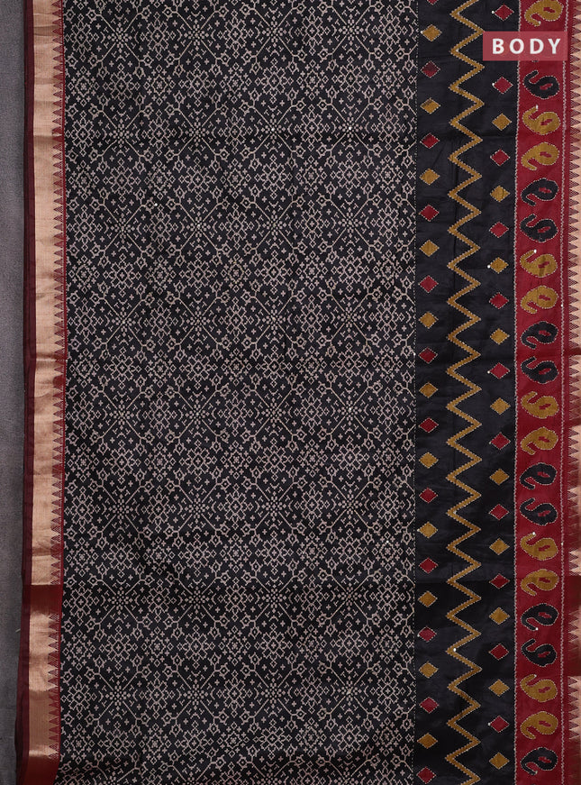 Black & Maroon Semi Tussar Saree - Kantha Work