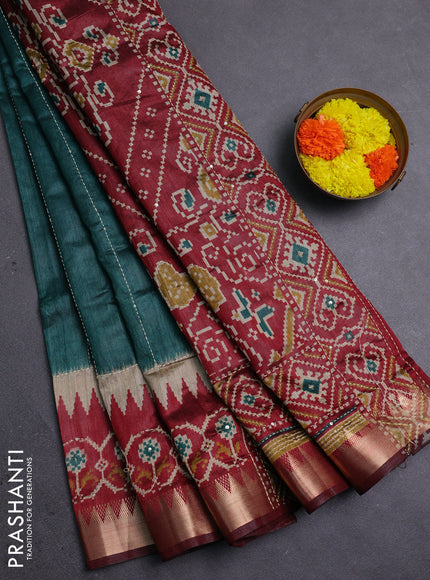 Green & Maroon Semi Tussar Saree - Kantha Work
