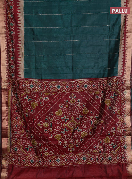 Green & Maroon Semi Tussar Saree - Kantha Work