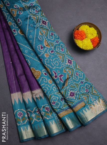 Purple & Teal Green Semi Tussar Saree - Kantha Work