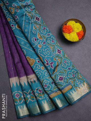 Purple & Teal Green Semi Tussar Saree - Kantha Work