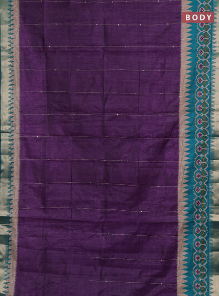 Purple & Teal Green Semi Tussar Saree - Kantha Work