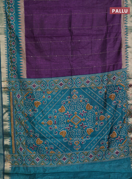 Purple & Teal Green Semi Tussar Saree - Kantha Work