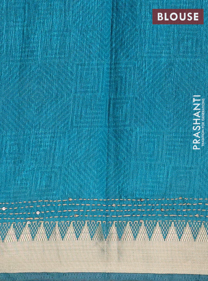 Purple & Teal Green Semi Tussar Saree - Kantha Work