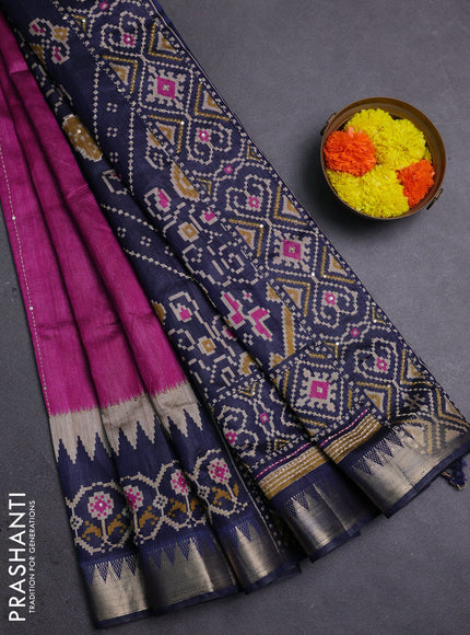 Magenta Pink & Navy Blue Semi Tussar Saree - Kantha Work