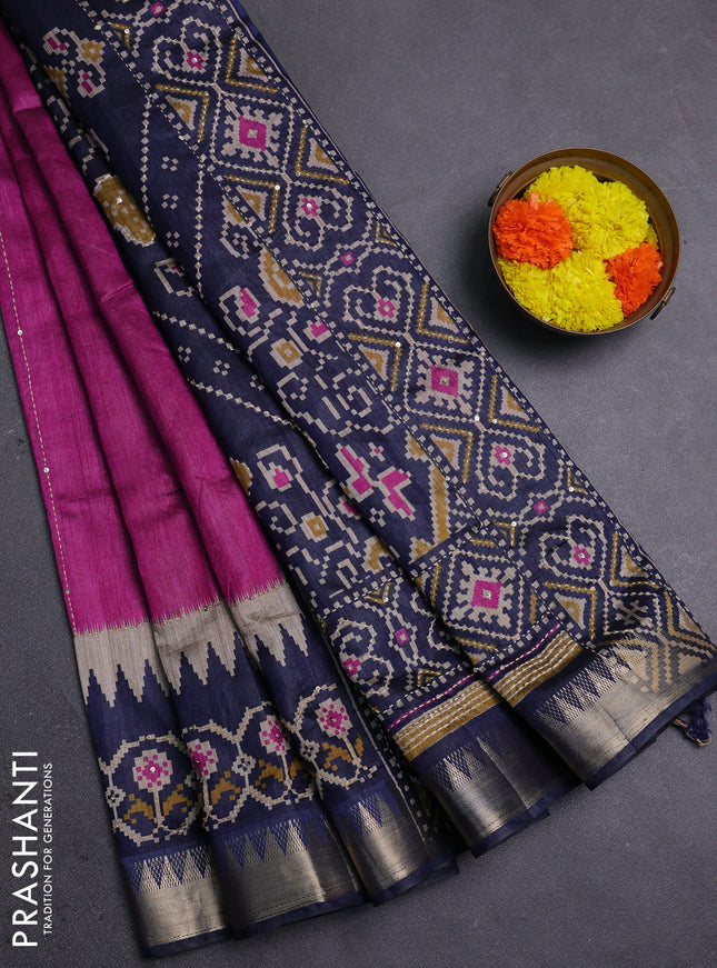 Magenta Pink & Navy Blue Semi Tussar Saree - Kantha Work