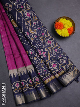 Magenta Pink & Navy Blue Semi Tussar Saree - Kantha Work