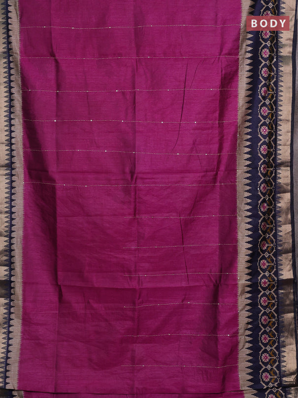 Magenta Pink & Navy Blue Semi Tussar Saree - Kantha Work