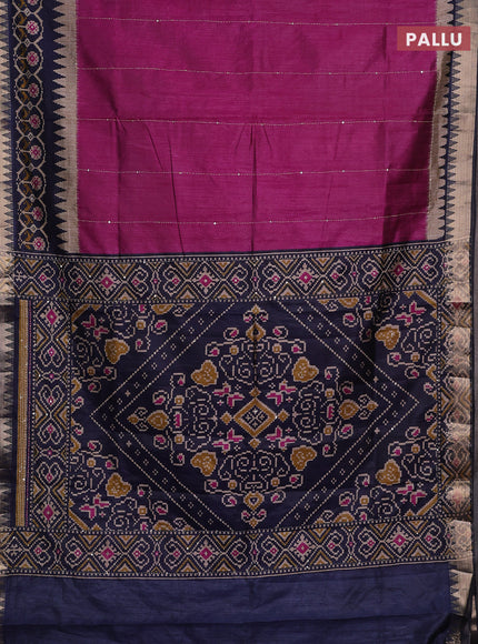 Magenta Pink & Navy Blue Semi Tussar Saree - Kantha Work