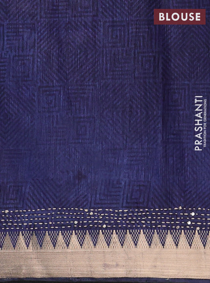 Magenta Pink & Navy Blue Semi Tussar Saree - Kantha Work
