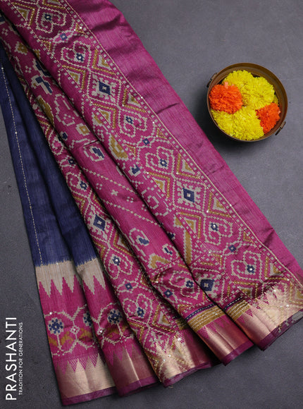 Navy Blue & Magenta Pink Semi Tussar Saree - Kantha Work
