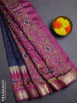 Navy Blue & Magenta Pink Semi Tussar Saree - Kantha Work