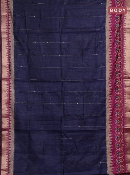 Navy Blue & Magenta Pink Semi Tussar Saree - Kantha Work