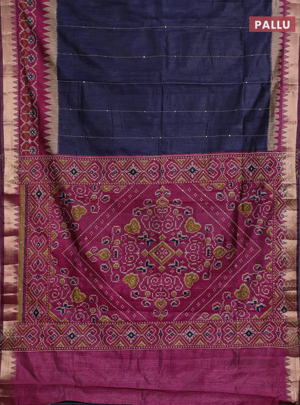 Navy Blue & Magenta Pink Semi Tussar Saree - Kantha Work