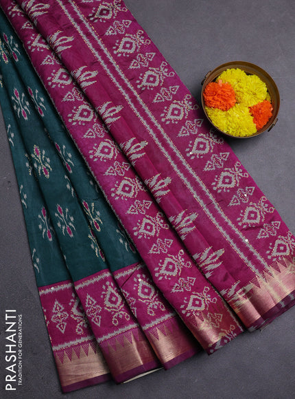 Green & Magenta Pink Semi Tussar Saree - Kantha Work
