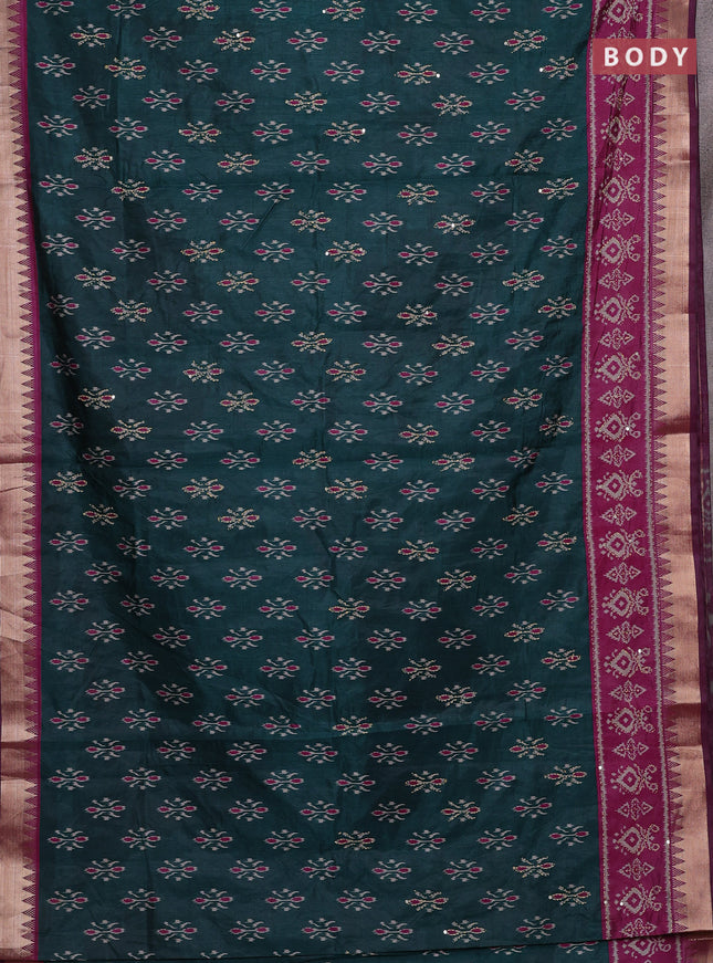 Green & Magenta Pink Semi Tussar Saree - Kantha Work