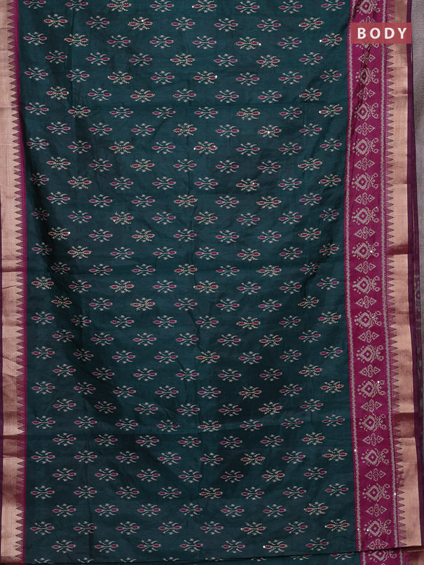 Green & Magenta Pink Semi Tussar Saree - Kantha Work