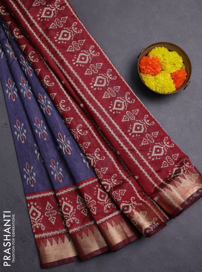 Grey & Maroon Semi Tussar Saree - Kantha Work