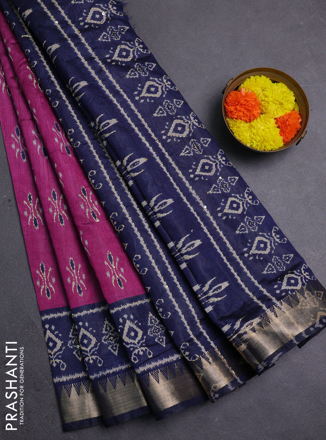 Magenta Pink & Navy Blue Semi Tussar Saree - Kantha Work
