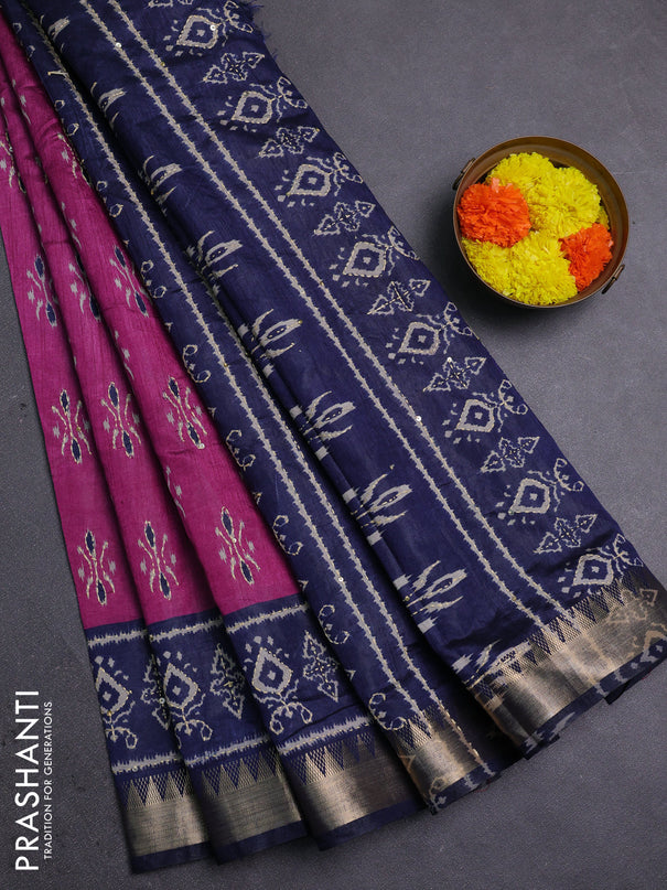 Magenta Pink & Navy Blue Semi Tussar Saree - Kantha Work