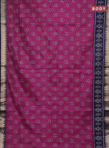 Magenta Pink & Navy Blue Semi Tussar Saree - Kantha Work