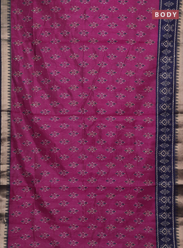 Magenta Pink & Navy Blue Semi Tussar Saree - Kantha Work