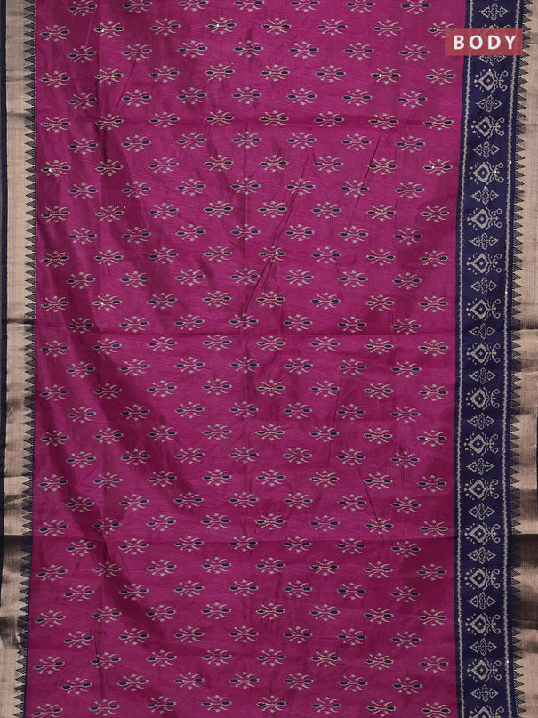 Magenta Pink & Navy Blue Semi Tussar Saree - Kantha Work