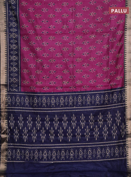 Magenta Pink & Navy Blue Semi Tussar Saree - Kantha Work