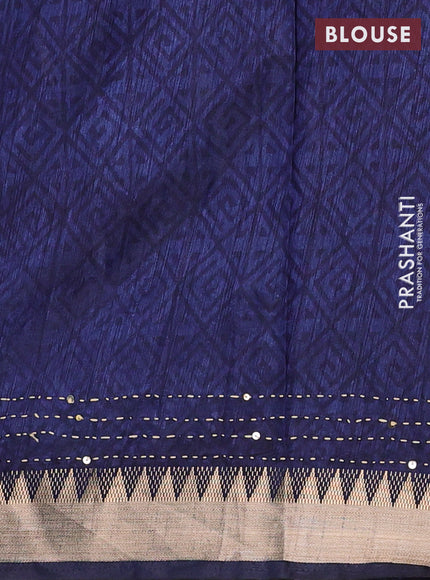 Magenta Pink & Navy Blue Semi Tussar Saree - Kantha Work