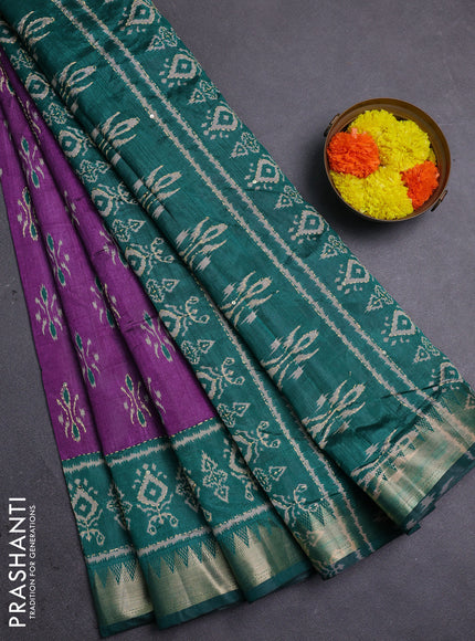 Purple & Teal Green Semi Tussar Saree - Kantha Work