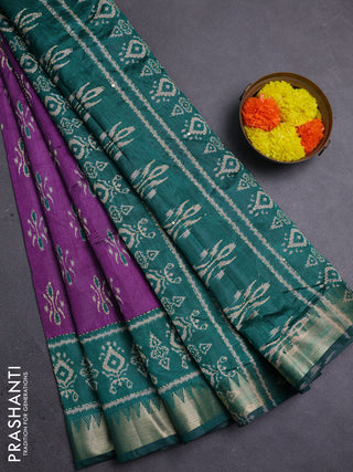Purple & Teal Green Semi Tussar Saree - Kantha Work