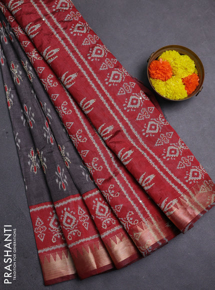 Grey & Red Semi Tussar Saree - Kantha Work