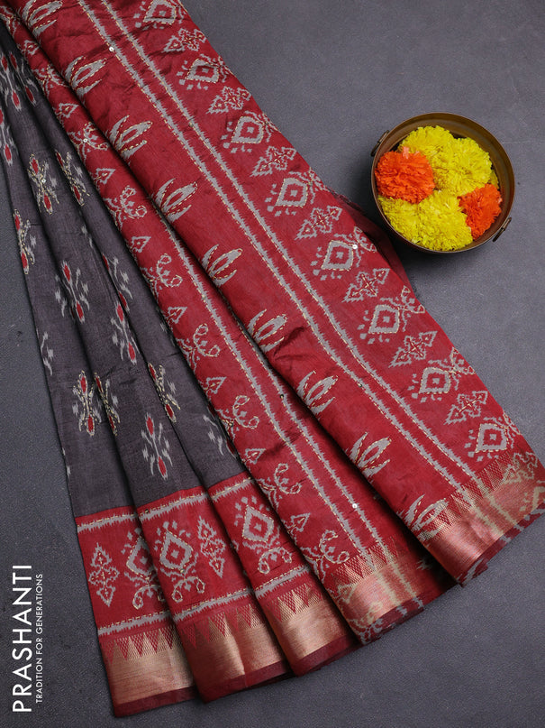 Grey & Red Semi Tussar Saree - Kantha Work