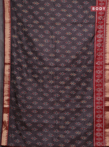 Grey & Red Semi Tussar Saree - Kantha Work