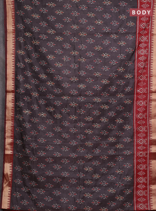 Grey & Red Semi Tussar Saree - Kantha Work