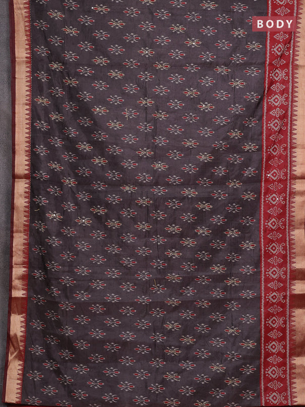 Grey & Red Semi Tussar Saree - Kantha Work