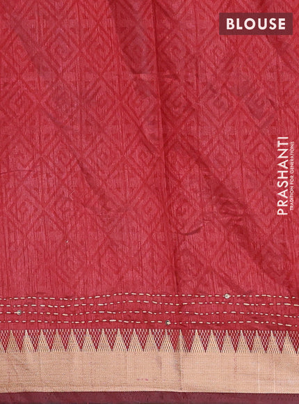 Grey & Red Semi Tussar Saree - Kantha Work