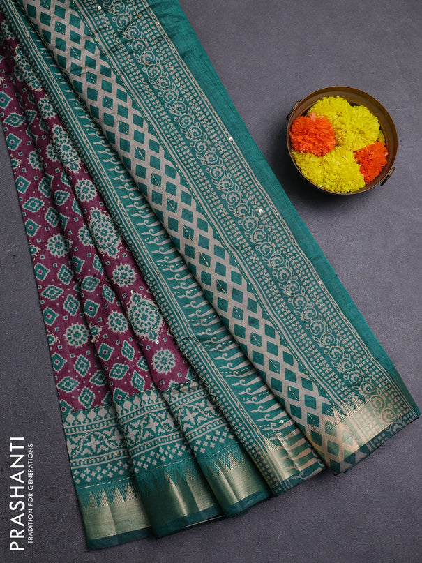 Wine & Green Semi Tussar Saree - Kantha Work