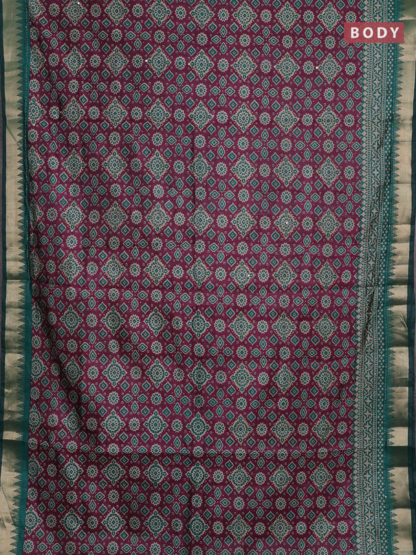 Wine & Green Semi Tussar Saree - Kantha Work