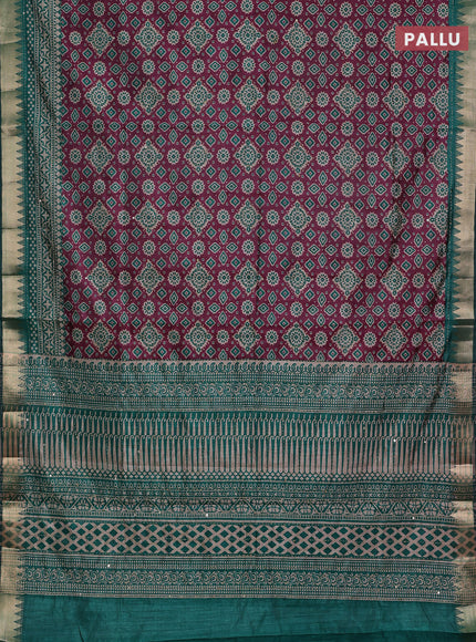 Wine & Green Semi Tussar Saree - Kantha Work