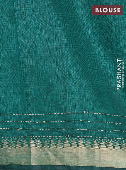 Wine & Green Semi Tussar Saree - Kantha Work
