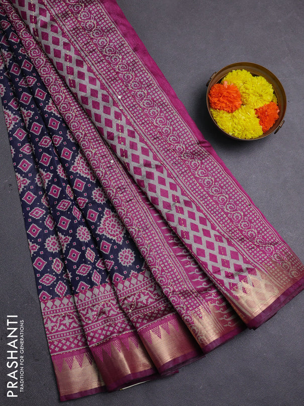 Navy Blue & Magenta Pink Semi Tussar Saree - Kantha Work