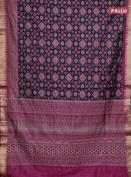 Navy Blue & Magenta Pink Semi Tussar Saree - Kantha Work