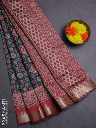 Green & Red Semi Tussar Saree - Kantha Work