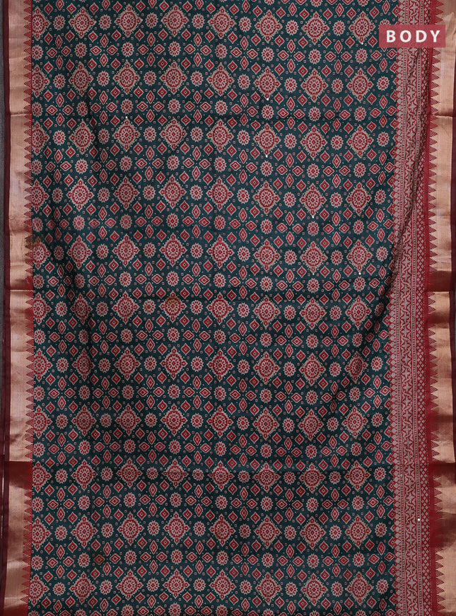 Green & Red Semi Tussar Saree - Kantha Work