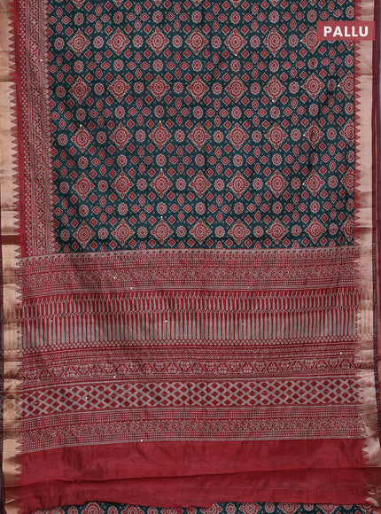 Green & Red Semi Tussar Saree - Kantha Work